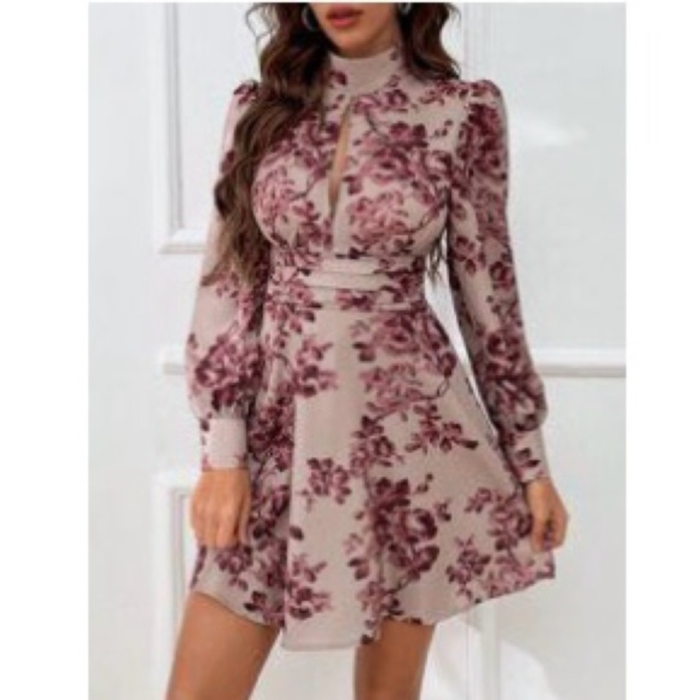 SHEIN Red Ruched Wrap Dress with Bishop Sleeves